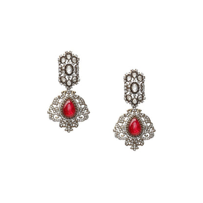 Ruby Raang Studio Maroon Onyx Stone & Moissanite Necklace with Matching Earrings and Maang Tikka
