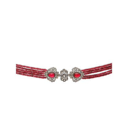 Ruby Raang Studio Maroon Onyx Stone & Moissanite Necklace with Matching Earrings and Maang Tikka