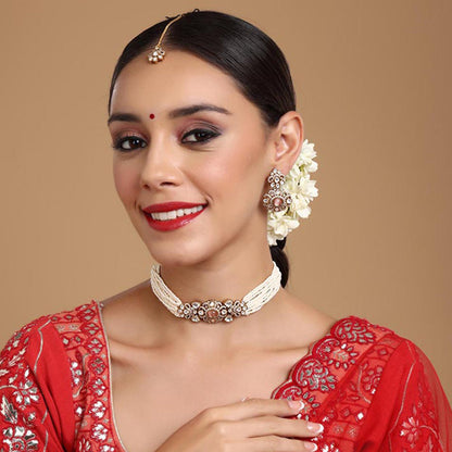 Ruby Raang Studio Stone and Moissanite Kundan Pearls Necklace with Matching Earrings and Maang Tikka