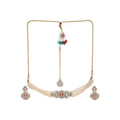 Ruby Raang Studio Stone and Moissanite Kundan Pearls Necklace with Matching Earrings and Maang Tikka