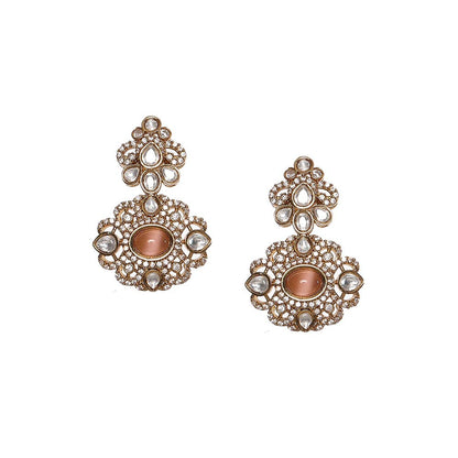 Ruby Raang Studio Stone and Moissanite Kundan Pearls Necklace with Matching Earrings and Maang Tikka