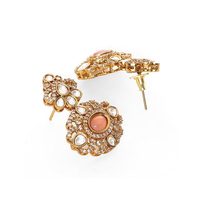 Ruby Raang Studio Stone and Moissanite Kundan Pearls Necklace with Matching Earrings and Maang Tikka