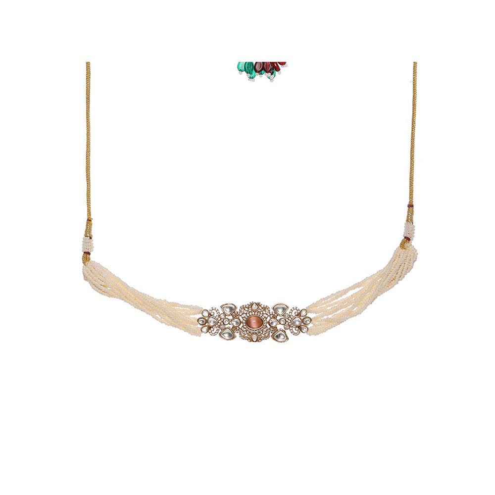 Ruby Raang Studio Stone and Moissanite Kundan Pearls Necklace with Matching Earrings and Maang Tikka