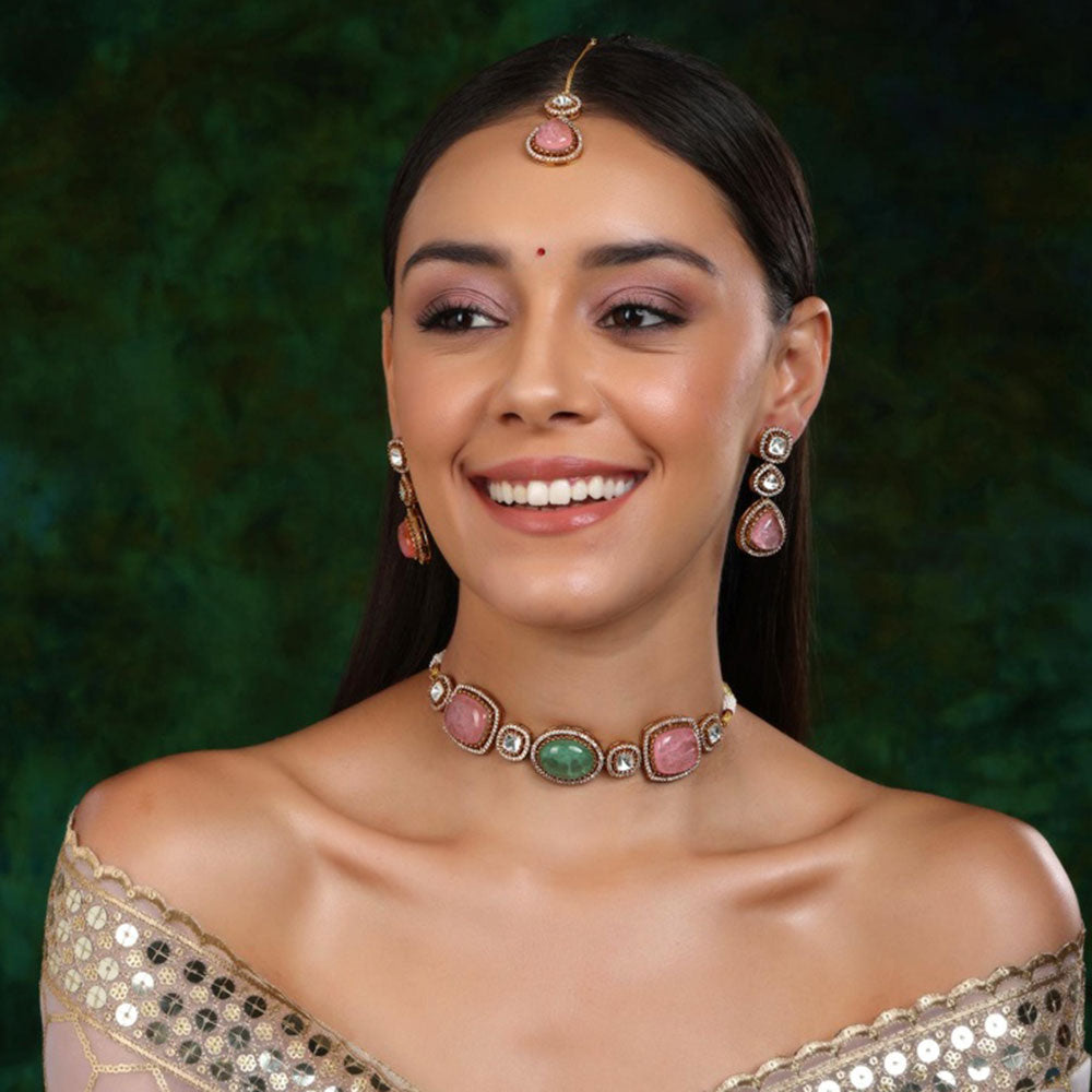 Ruby Raang Studio Multi Stone & Moissanite Choker Necklace with Matching Earrings and Maang Tikka