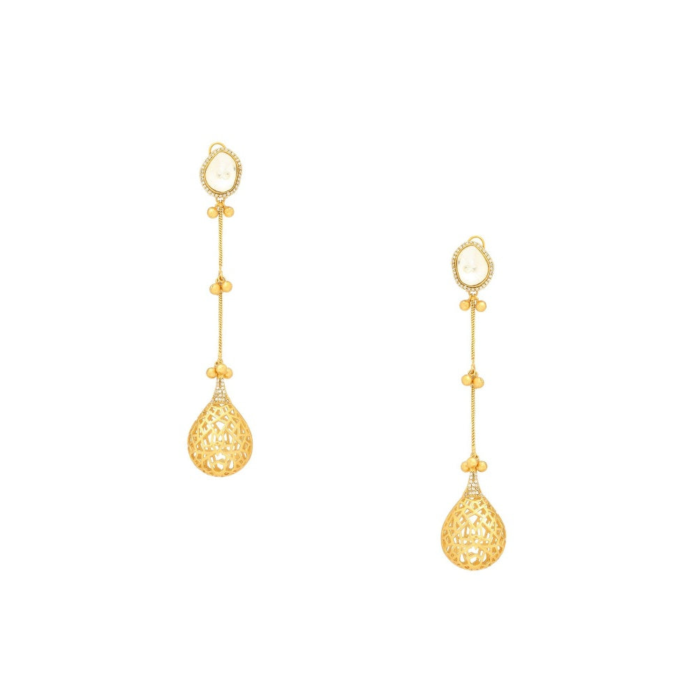 Ruby Raang Studio Glass Kundan Antique Finish Long Earrings -White