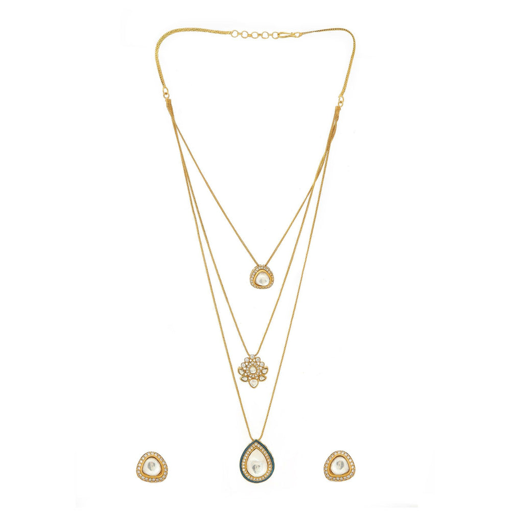 Ruby Raang Studio Kundan Antique Finish Earrings & Dew Drop Necklace Set -White