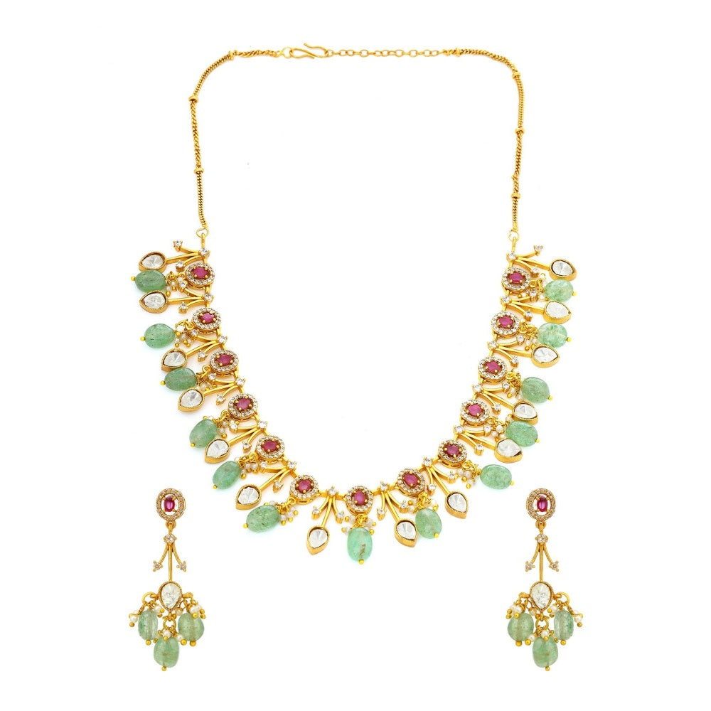 Ruby Raang Studio Natural Stones Antique Finish Earrings & Choker Necklace Set -Multi-Color