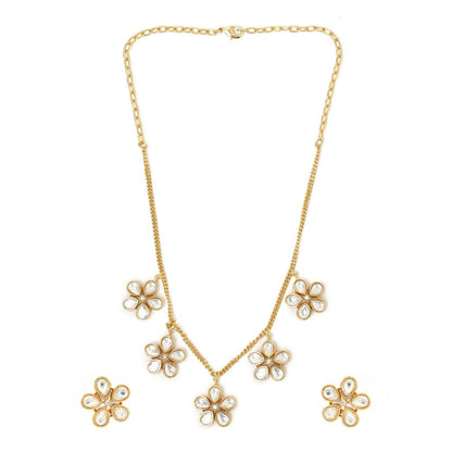 Ruby Raang Studio Kundan Antique Finish Floral Earrings & Necklace Set -White