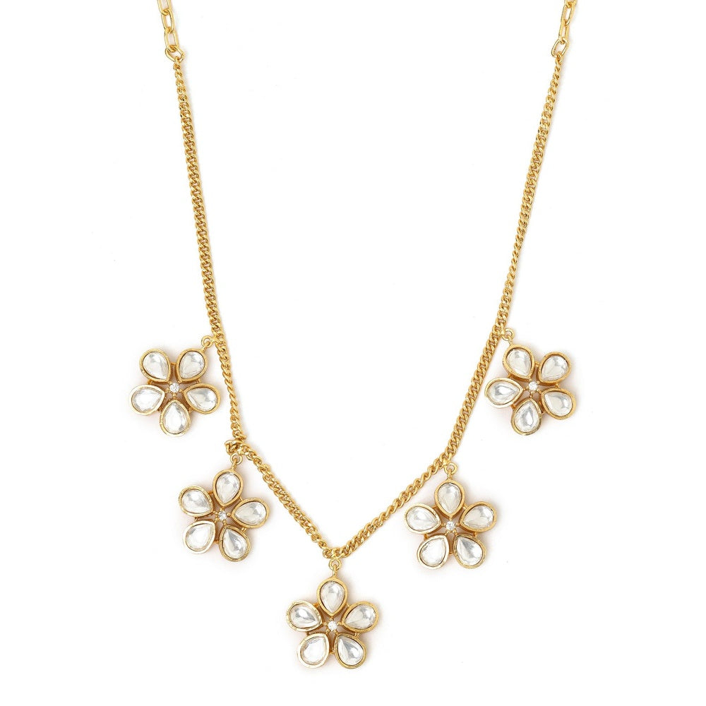 Ruby Raang Studio Kundan Antique Finish Floral Earrings & Necklace Set -White