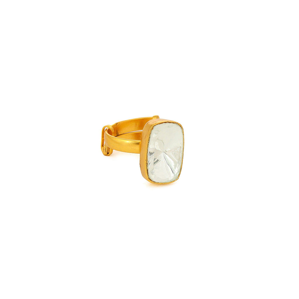 Ruby Raang Studio Kundan Gold Plated Emarald Cut Ring -White