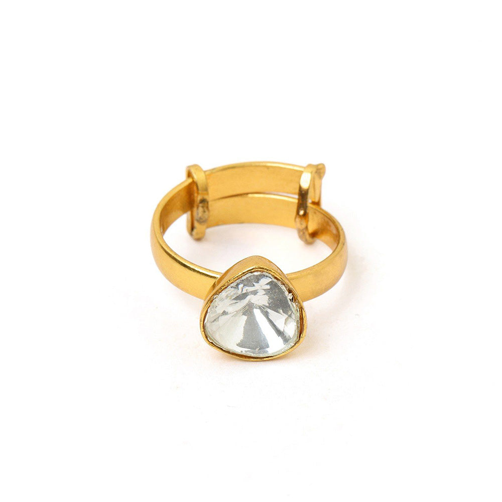 Ruby Raang Studio Kundan Gold Plated Trillion Cut Ring -White