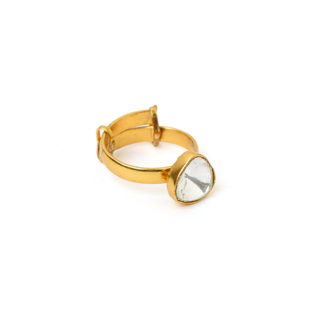Ruby Raang Studio Kundan Gold Plated Trillion Cut Ring -White