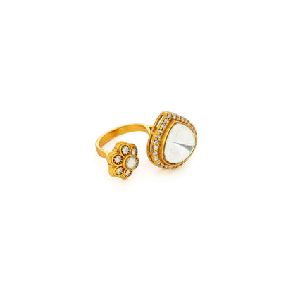 Ruby Raang Studio Kundan Gold Plated Hexagon & Pear Ring -White