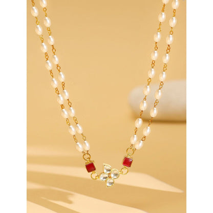 Ruby Raang Studio White & Red Beaded Gold Plated Flower Kundan Necklace