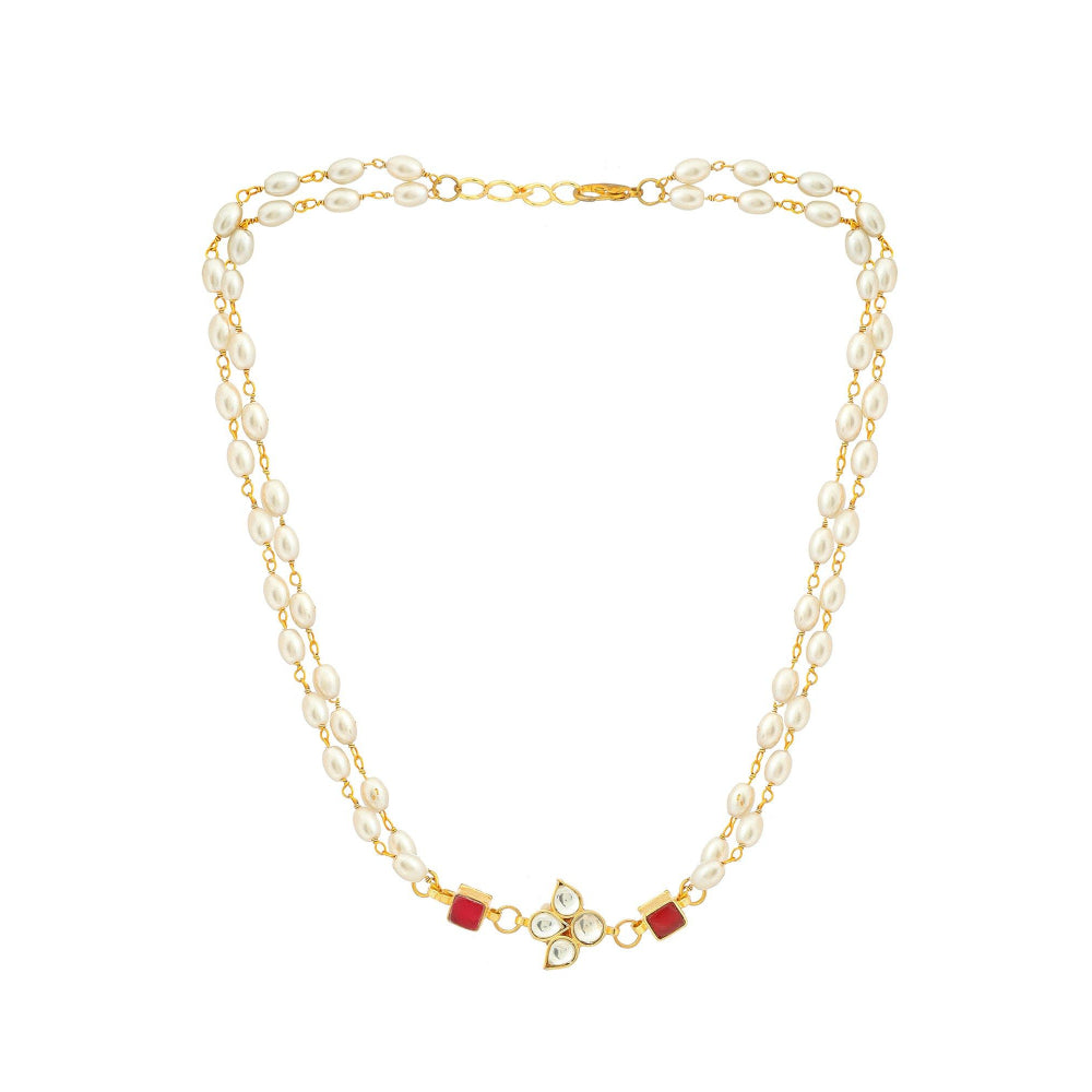 Ruby Raang Studio White & Red Beaded Gold Plated Flower Kundan Necklace