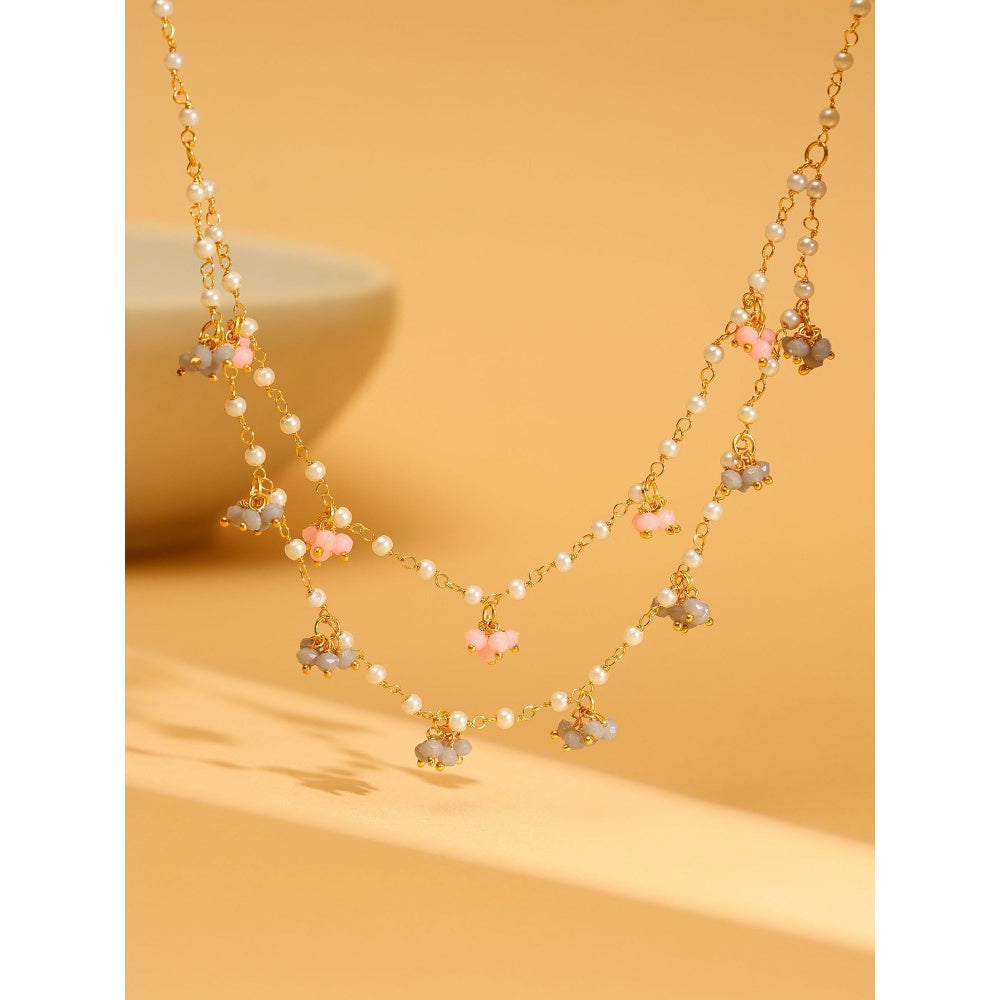Ruby Raang Studio Beaded Pearl Necklace With Grey & Pink Colourful Motifs -White