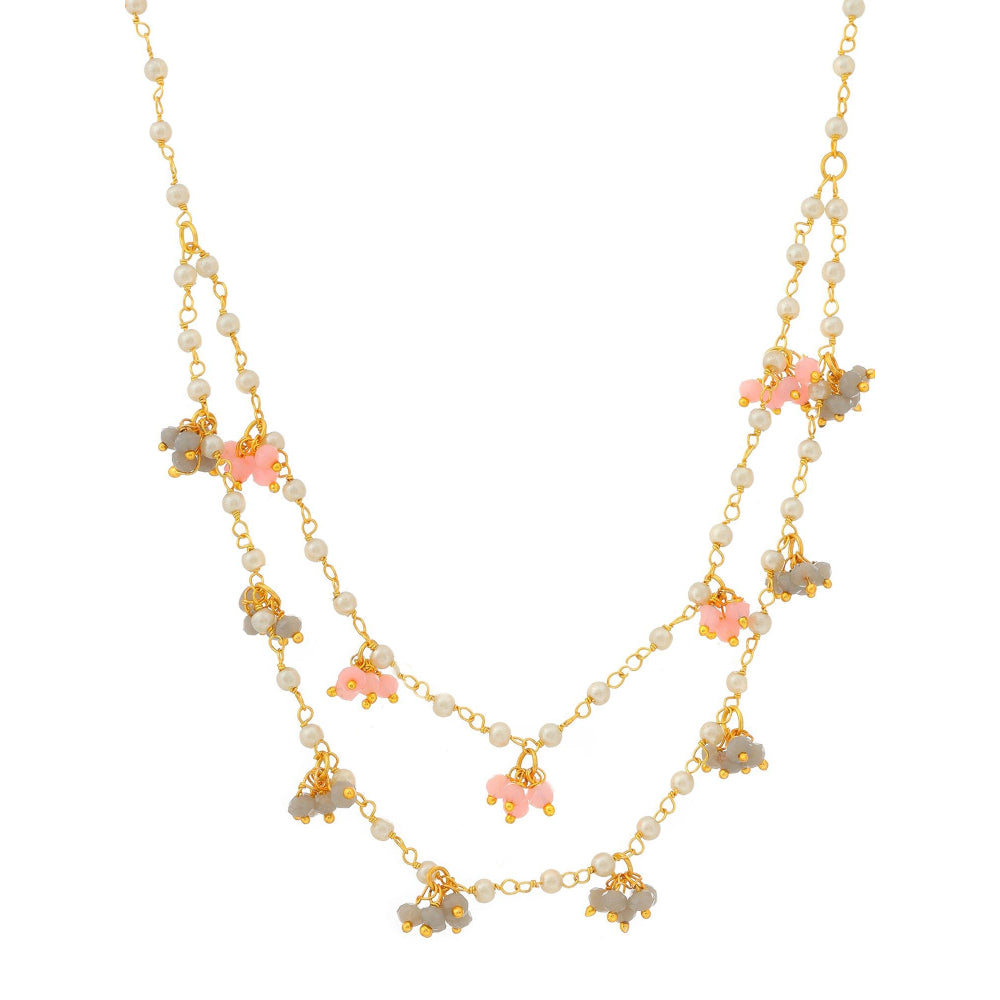 Ruby Raang Studio Beaded Pearl Necklace With Grey & Pink Colourful Motifs -White
