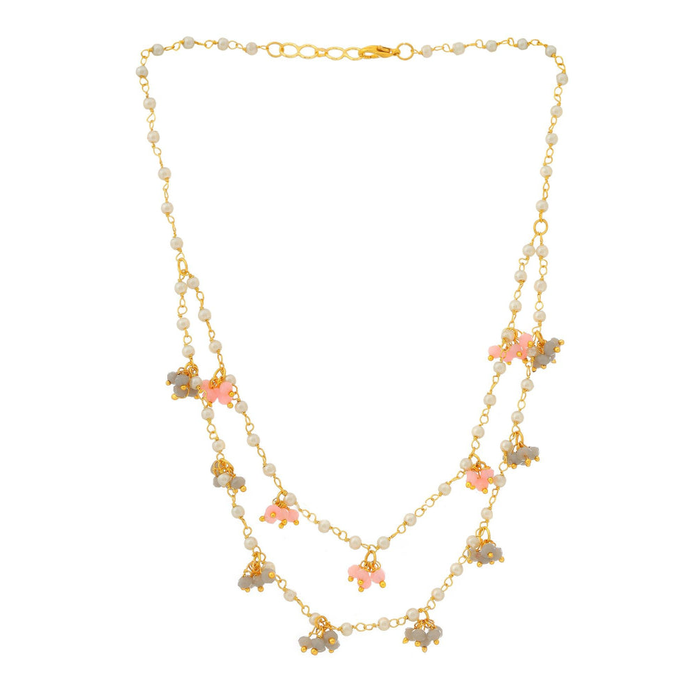 Ruby Raang Studio Beaded Pearl Necklace With Grey & Pink Colourful Motifs -White