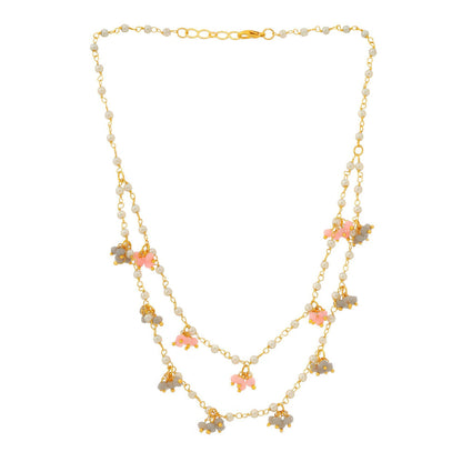Ruby Raang Studio Beaded Pearl Necklace With Grey & Pink Colourful Motifs -White