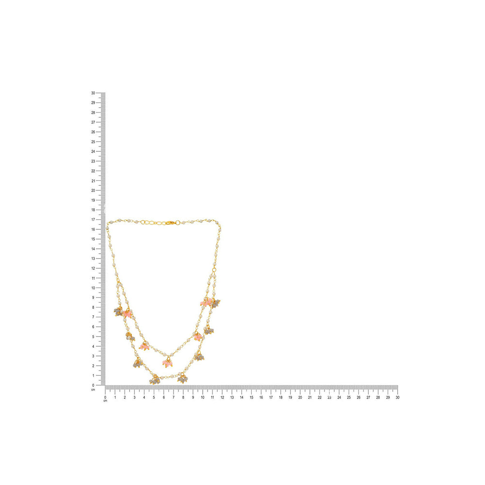 Ruby Raang Studio Beaded Pearl Necklace With Grey & Pink Colourful Motifs -White