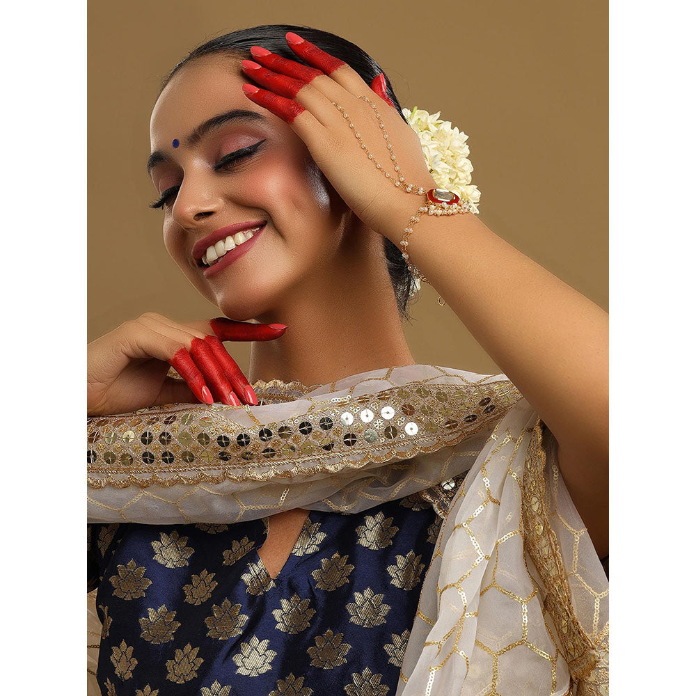 Ruby Raang Studio Red Brass Gold Plated Kundan Hathphool