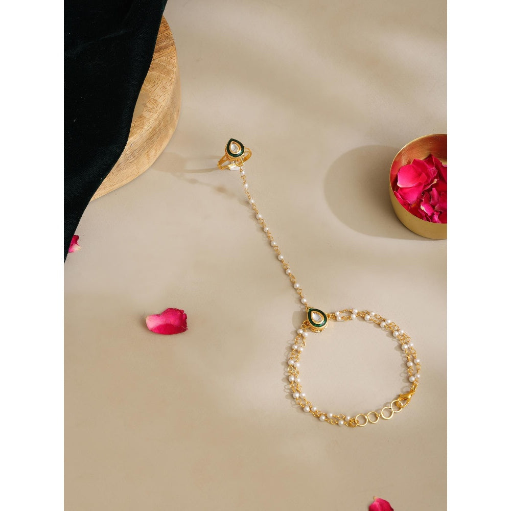 Ruby Raang Studio Green Brass Gold Plated Kundan Hathphool
