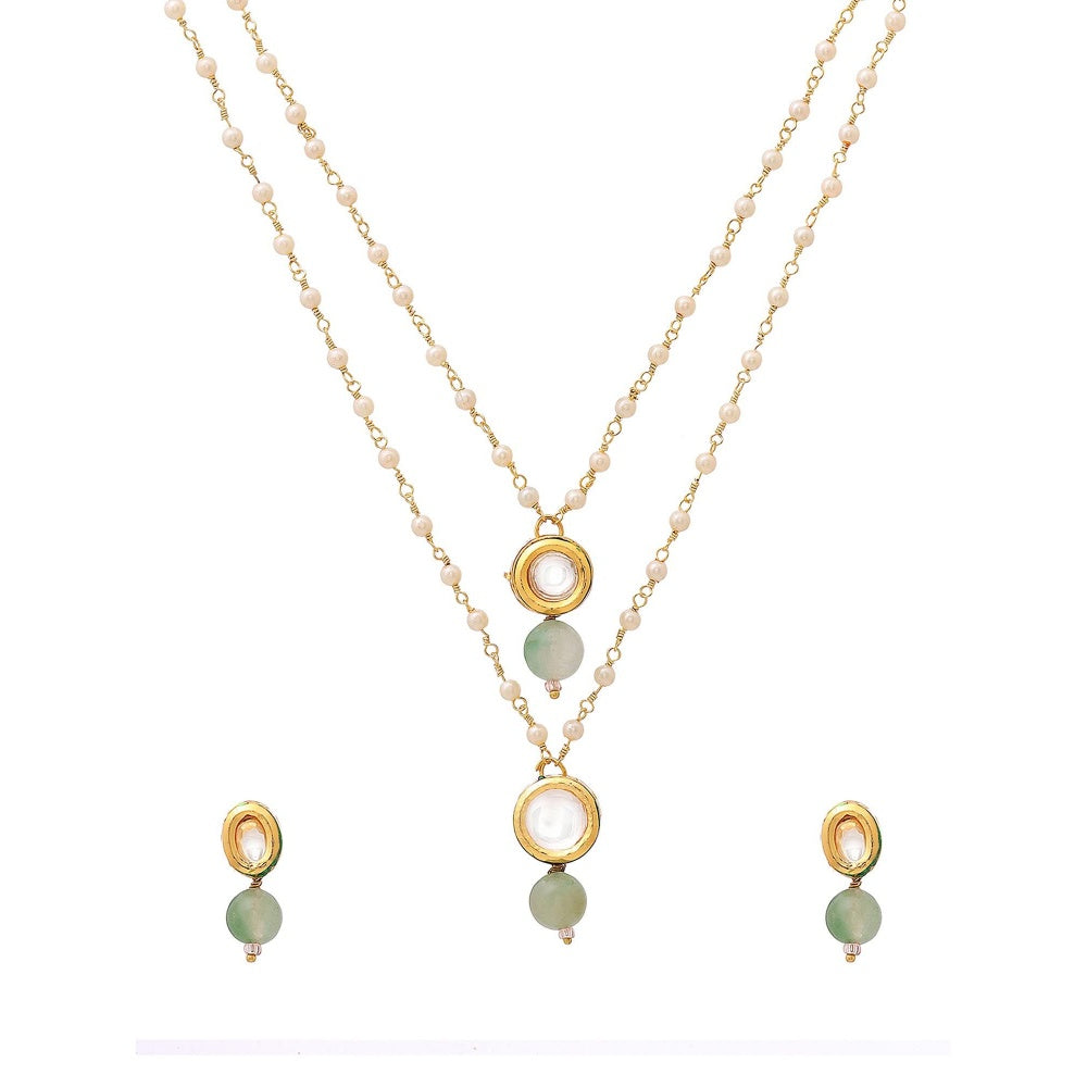 Ruby Raang Studio Green Brass Gold Plated Kundan Necklace with Pair Of Earrings