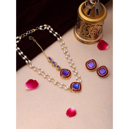 Ruby Raang Studio Blue Brass Gold Plated Kundan Necklace with Pair Of Earrings