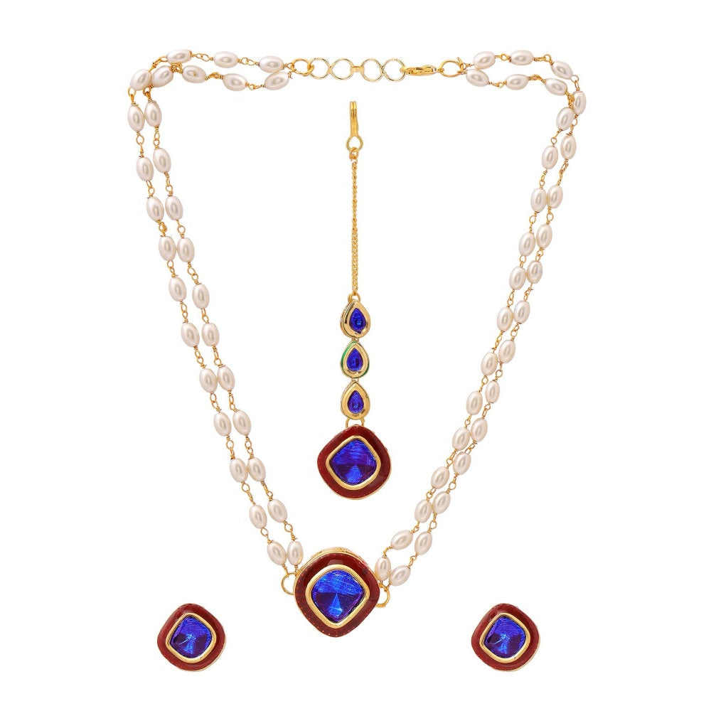 Ruby Raang Studio Blue Brass Gold Plated Kundan Necklace with Pair Of Earrings