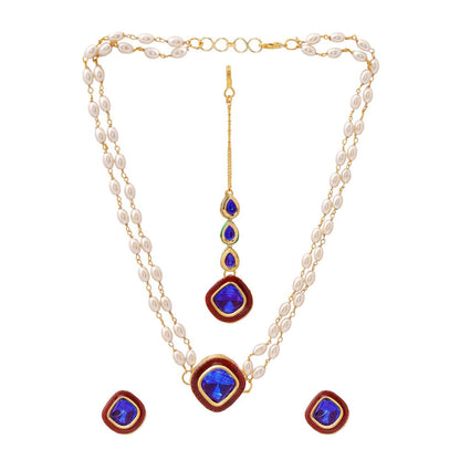 Ruby Raang Studio Blue Brass Gold Plated Kundan Necklace with Pair Of Earrings