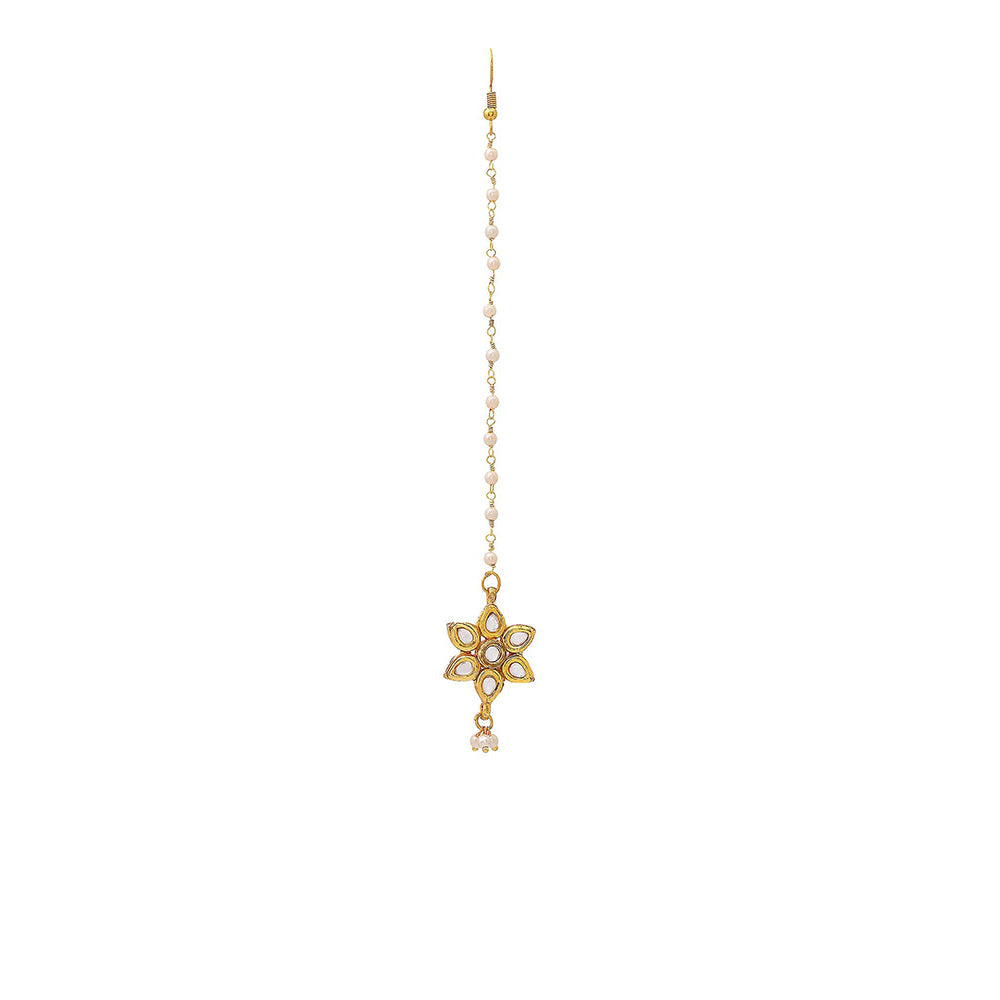 Ruby Raang Studio White Brass Gold Plated Kundan Maang Tikka