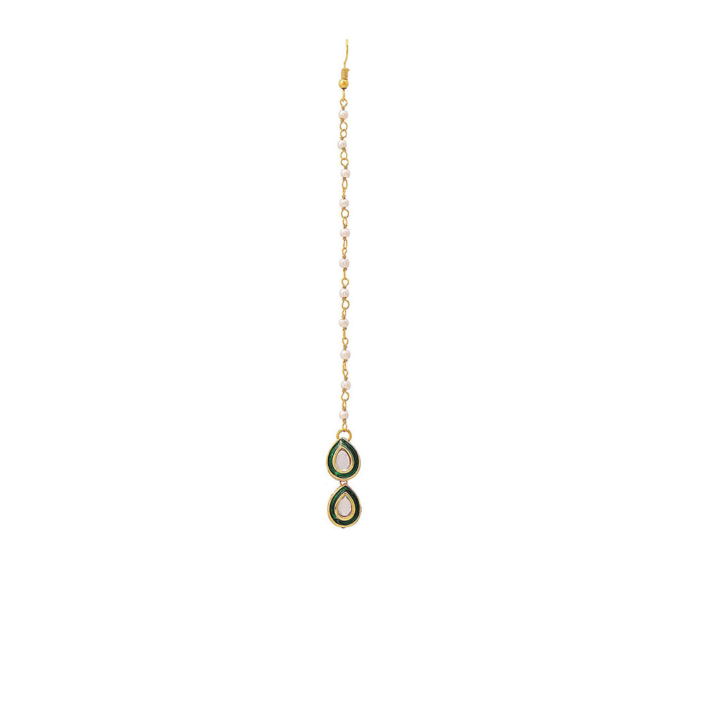 Ruby Raang Studio Green Brass Gold Plated Kundan Maang Tikka