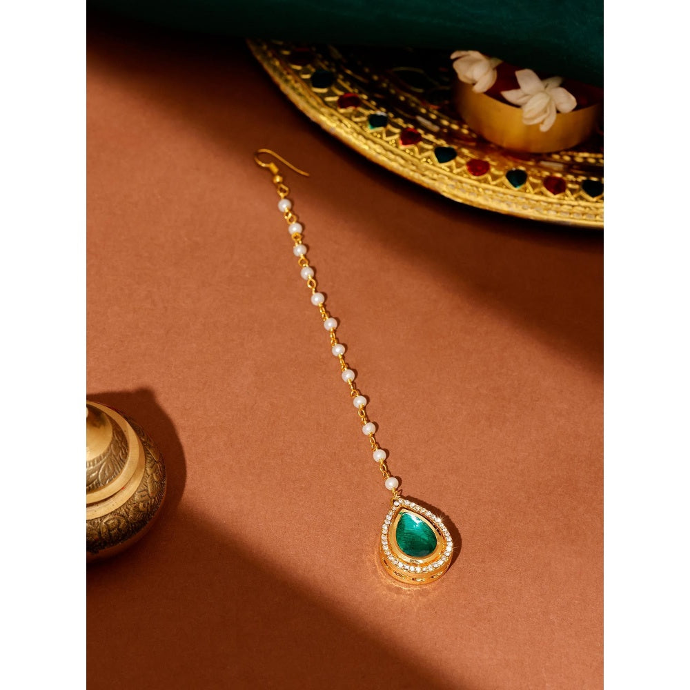 Ruby Raang Studio Green Brass Gold Plated Kundan Maang Tikka