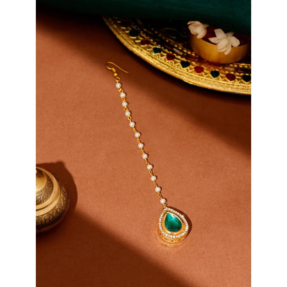 Ruby Raang Studio Green Brass Gold Plated Kundan Maang Tikka