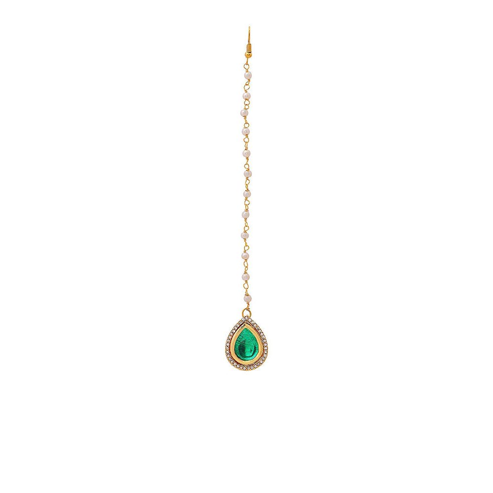 Ruby Raang Studio Green Brass Gold Plated Kundan Maang Tikka