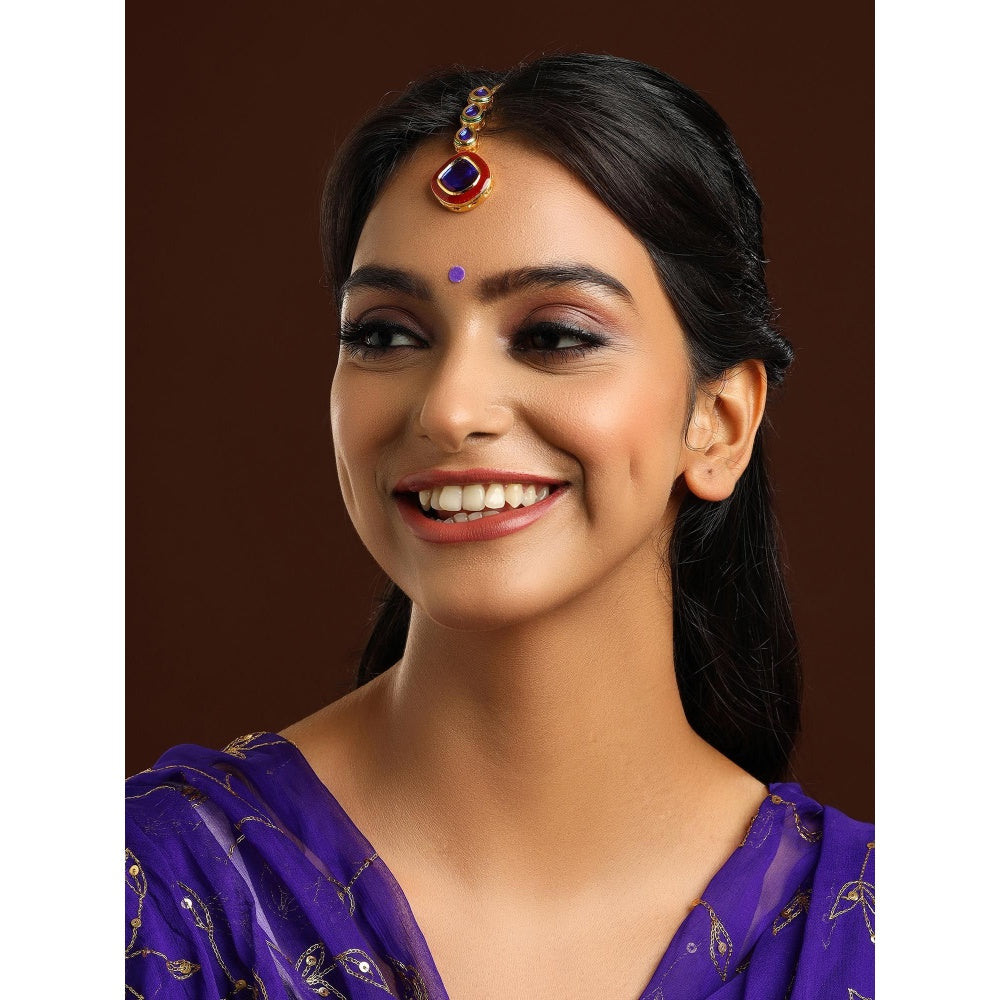 Ruby Raang Studio Blue Brass Gold Plated Kundan Maang Tikka