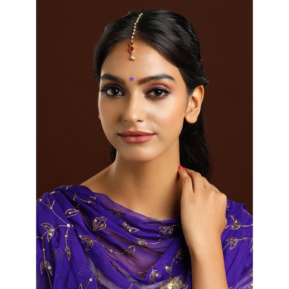 Ruby Raang Studio Red Brass Gold Plated Kundan Maang Tikka