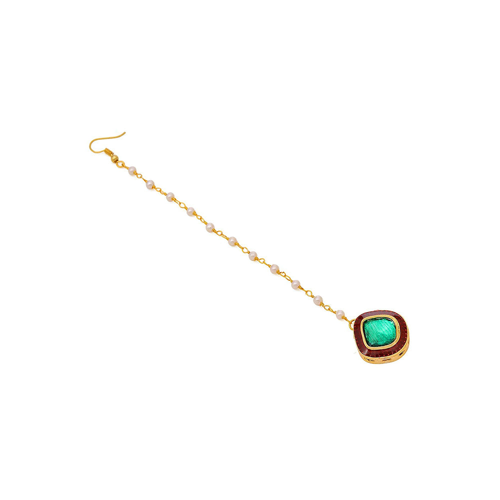 Ruby Raang Studio Green Brass Gold Plated Kundan Maang Tikka
