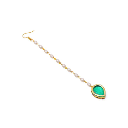 Ruby Raang Studio Green Brass Gold Plated Kundan Maang Tikka