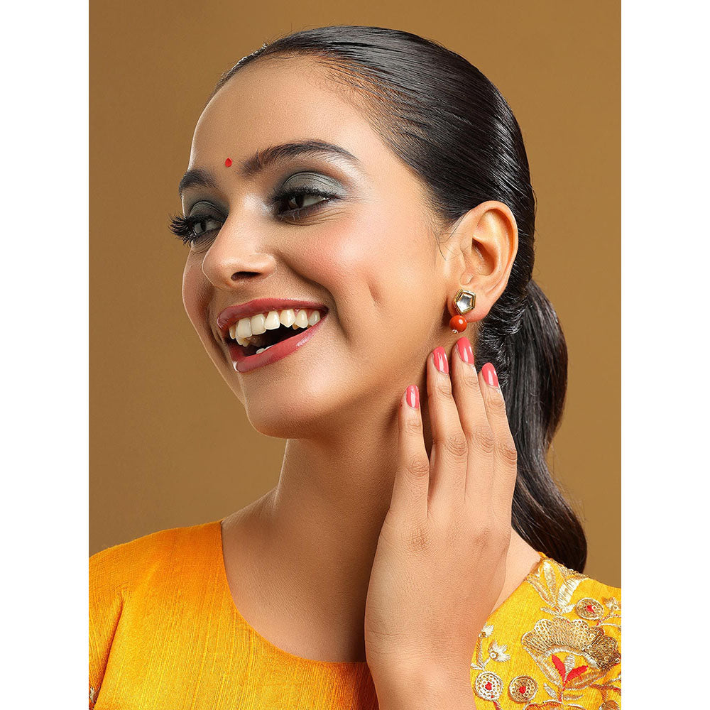Ruby Raang Studio Red Brass Gold Plated Kundan Pair Of Earrings
