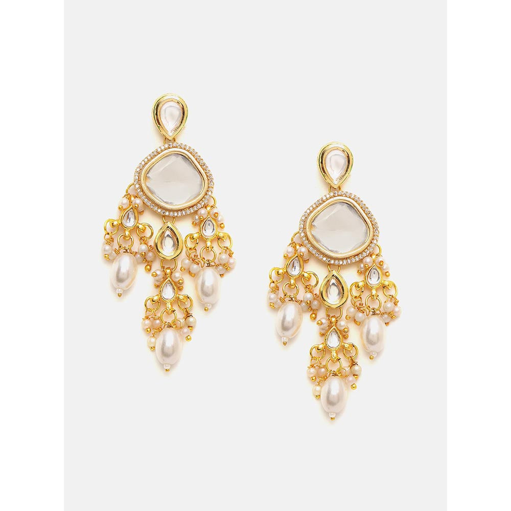 Ruby Raang Studio White Kundan Pearl Drop Earrings