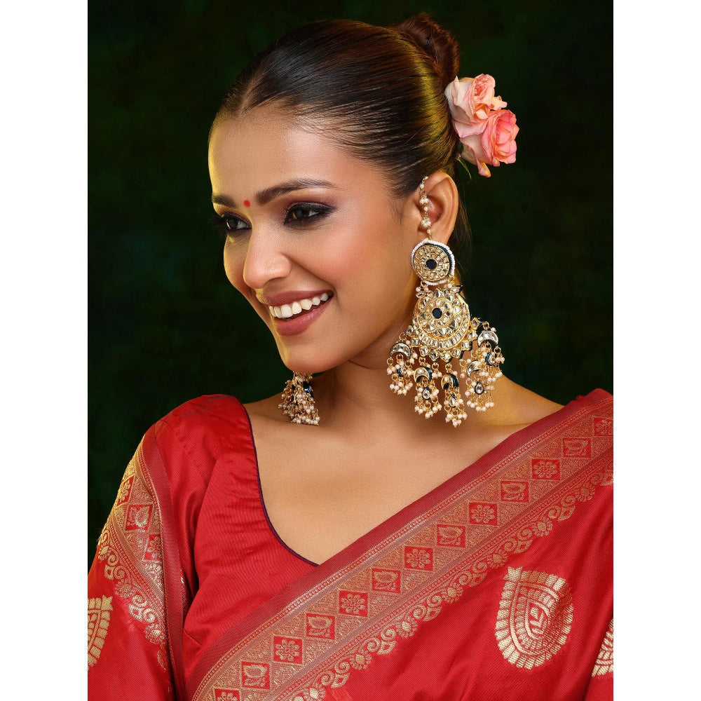 Ruby Raang Studio Navy Blue and White Kundan Attached Ear Chain Chandbali Earrings