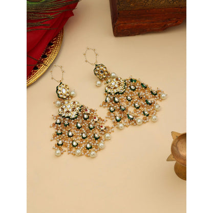 Ruby Raang Studio Green and White Kundan Attached Ear Chain Drop Earrings