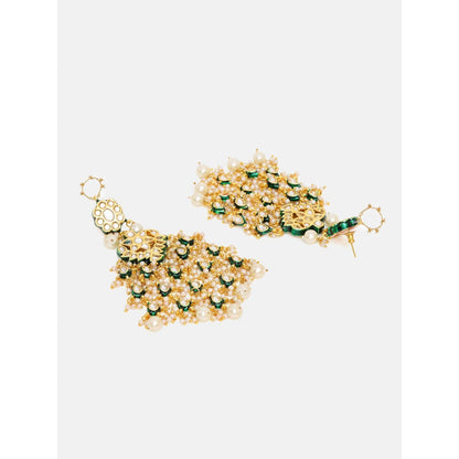 Ruby Raang Studio Green and White Kundan Attached Ear Chain Drop Earrings