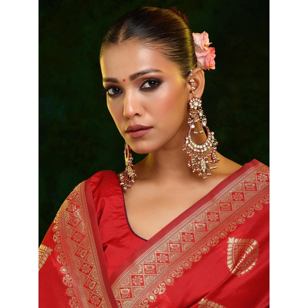 Ruby Raang Studio Red Kundan Beads Attached Ear Chain Chandbali Earrings
