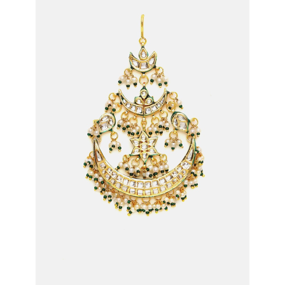 Ruby Raang Studio Green and White Beads Kundan Passa