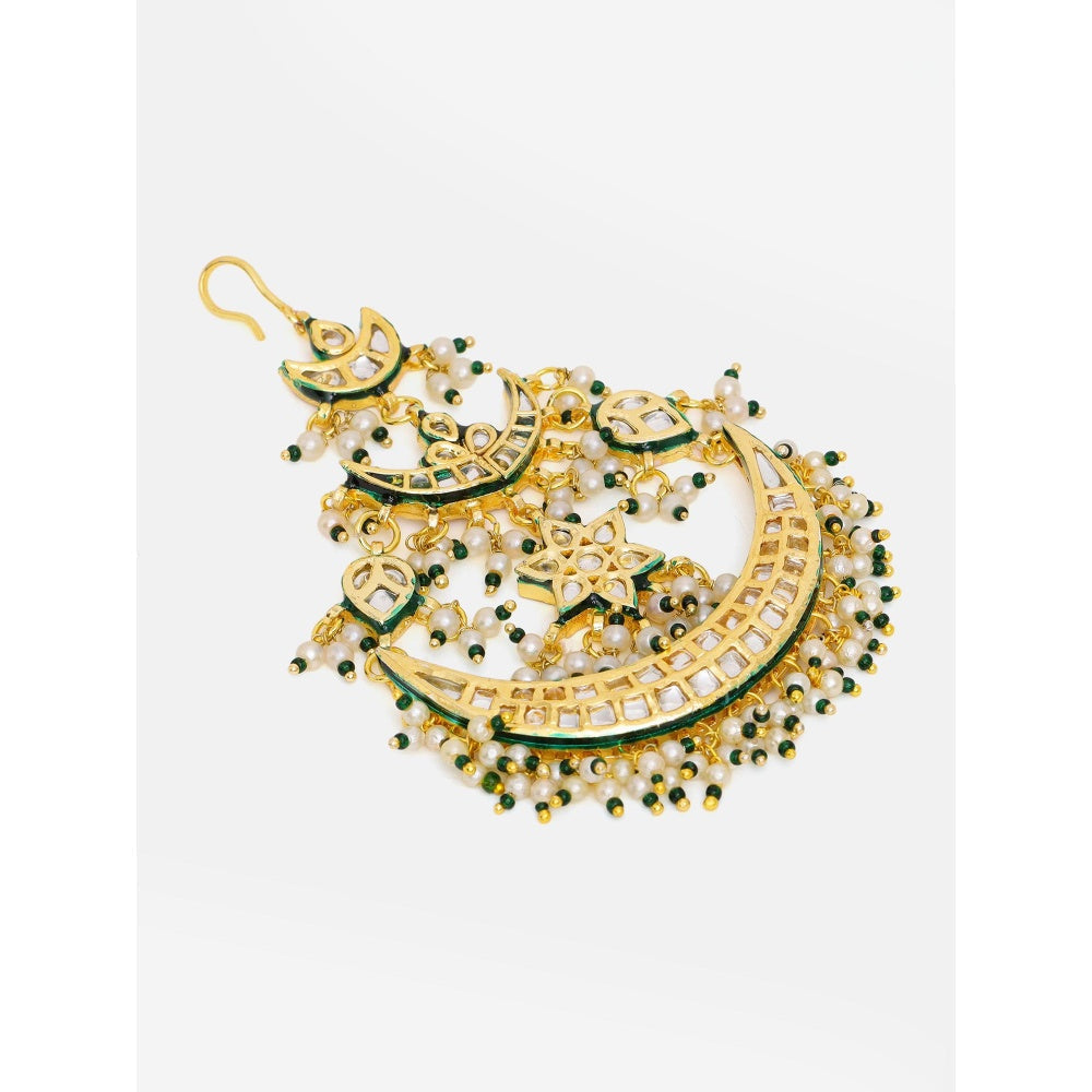 Ruby Raang Studio Green and White Beads Kundan Passa