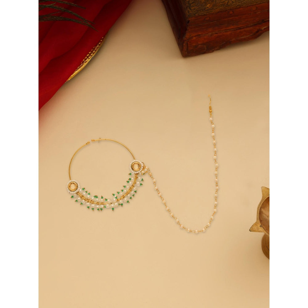 Ruby Raang Studio White and Green Beads Kundan Maharani Nose Ring