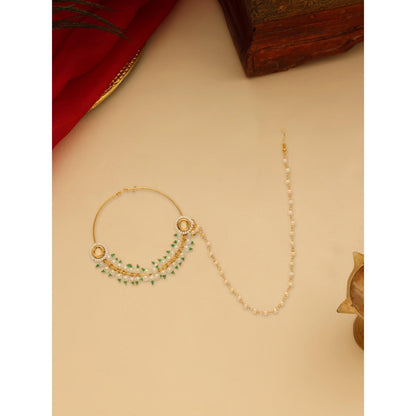 Ruby Raang Studio White and Green Beads Kundan Maharani Nose Ring