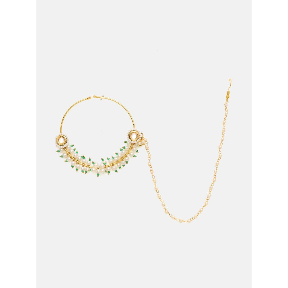 Ruby Raang Studio White and Green Beads Kundan Maharani Nose Ring